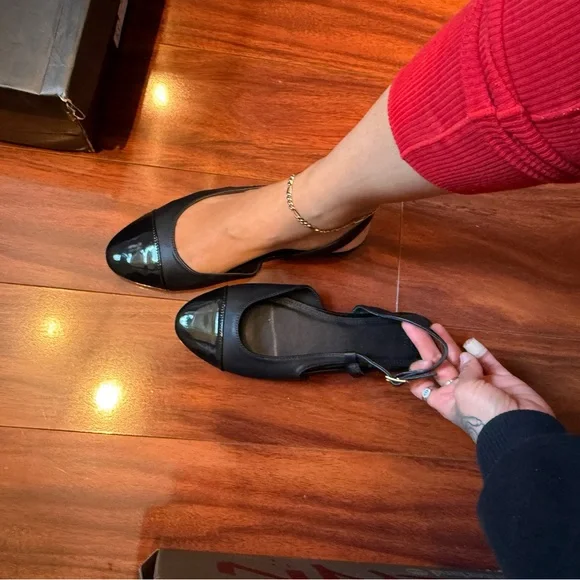 Black Women's Slingback Flats - Classic Patent Toe - Picture 2 of 5
